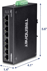 TRENDnet, TI-G80, Switch DIN-Rail Industrial Ethernet Gigabit de 8 Puertos, Divisor Ethernet de 16 Gbps, clasificación IP30, Negro