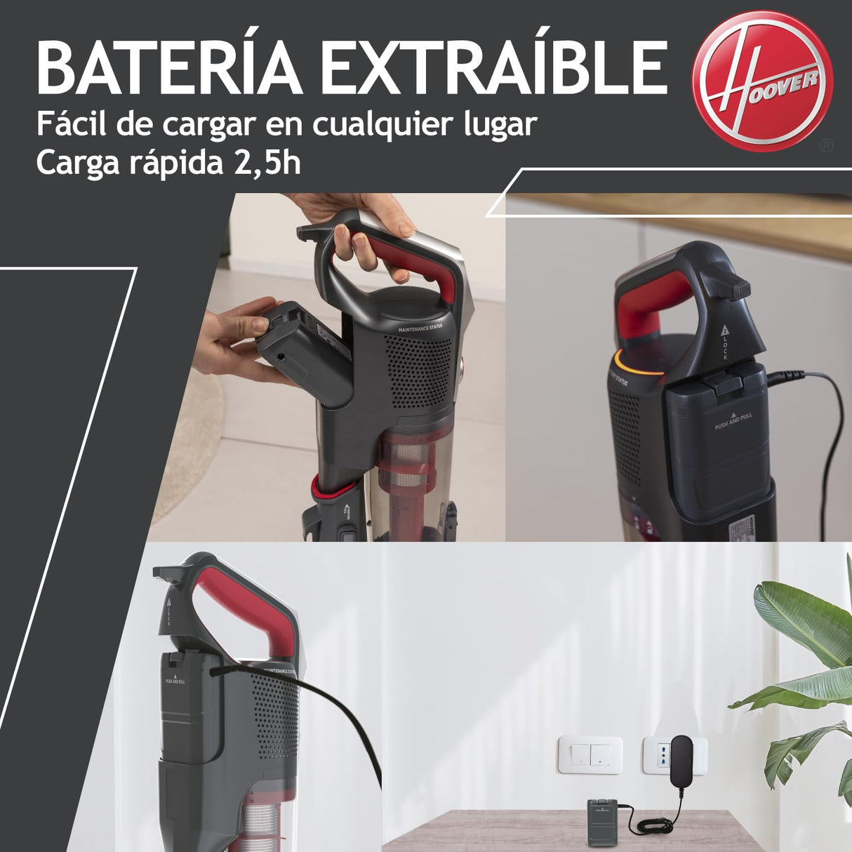 Hoover HF500 Plus Home HF522STH Aspiradora Escoba sin Cable, Accesorio 2 en 1, 45 min, Carga ultrarápida 2.5h, 15500 Pa, Dual led localizador de Polvo, Color Rojo