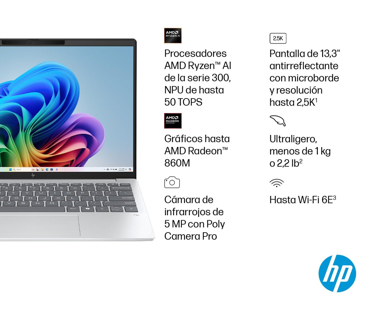 HP OmniBook 7 Aero – Ordenador portátil Ultraligero de 13.3" 2K (AMD Ryzen AI 7 350, 32GB RAM, 1TB SSD, AMD Radeon 860M, Windows 11) Gris – Teclado QWERTY Español
