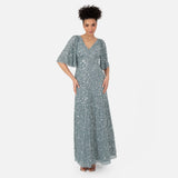 Maya Deluxe Women's Ladies Maxi Dress V-Neck Short Angel Sleeve Sequin Embellished A-Line Bridesmaid Wedding Guest Prom Ball Gown Vestido, Misty Green, 36 De Las Mujeres