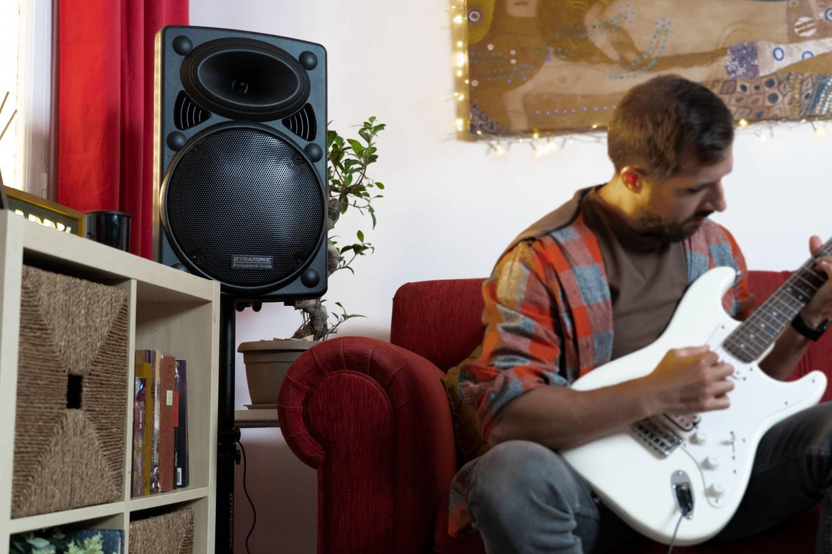 DYNASONIC - Dynapro 12’ (Segunda Generación) Altavoz portátil Sistema Audio Profesional Potencia 700W - USB Bluetooth Radio FM Micrófonos, Negro - Soporte para Dispositivos movil y Tablet