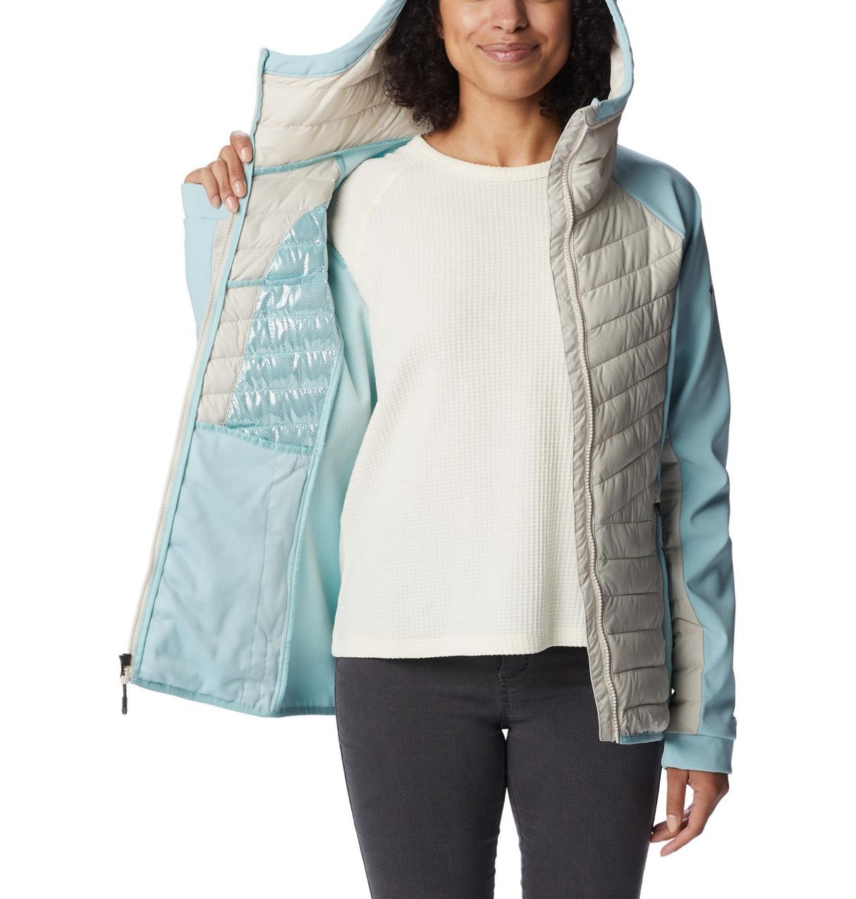 Columbia Powder Lite-Chaqueta híbrida con Capucha Acolchada, Mujer, Piedra Oscura, Aqua Haze, M