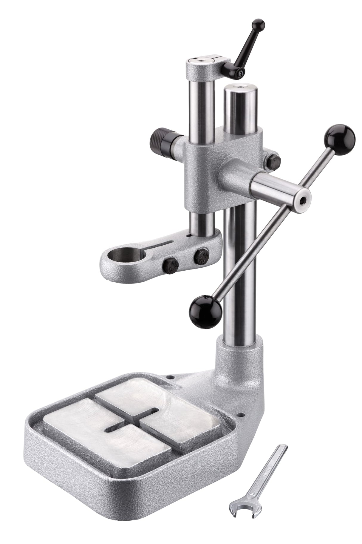 DUSS Soporte para taladro de mesa de precisión (para cuello de sujeción de 43 mm de diámetro, de hierro gris y acero, tope de profundidad deslizante, soporte de taladro, taladro)