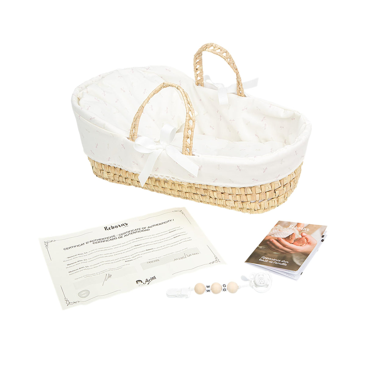 ARIAS - Muñeca Reborn Avana de 45 cm con Canastilla Mimbre, Bebé Realista con Ropita Rosa, Chupete y Chupetero, Extremidades de Vinyl y Cuerpo Blando, Juguete para Niños y Niñas +3 años (ARI98122)