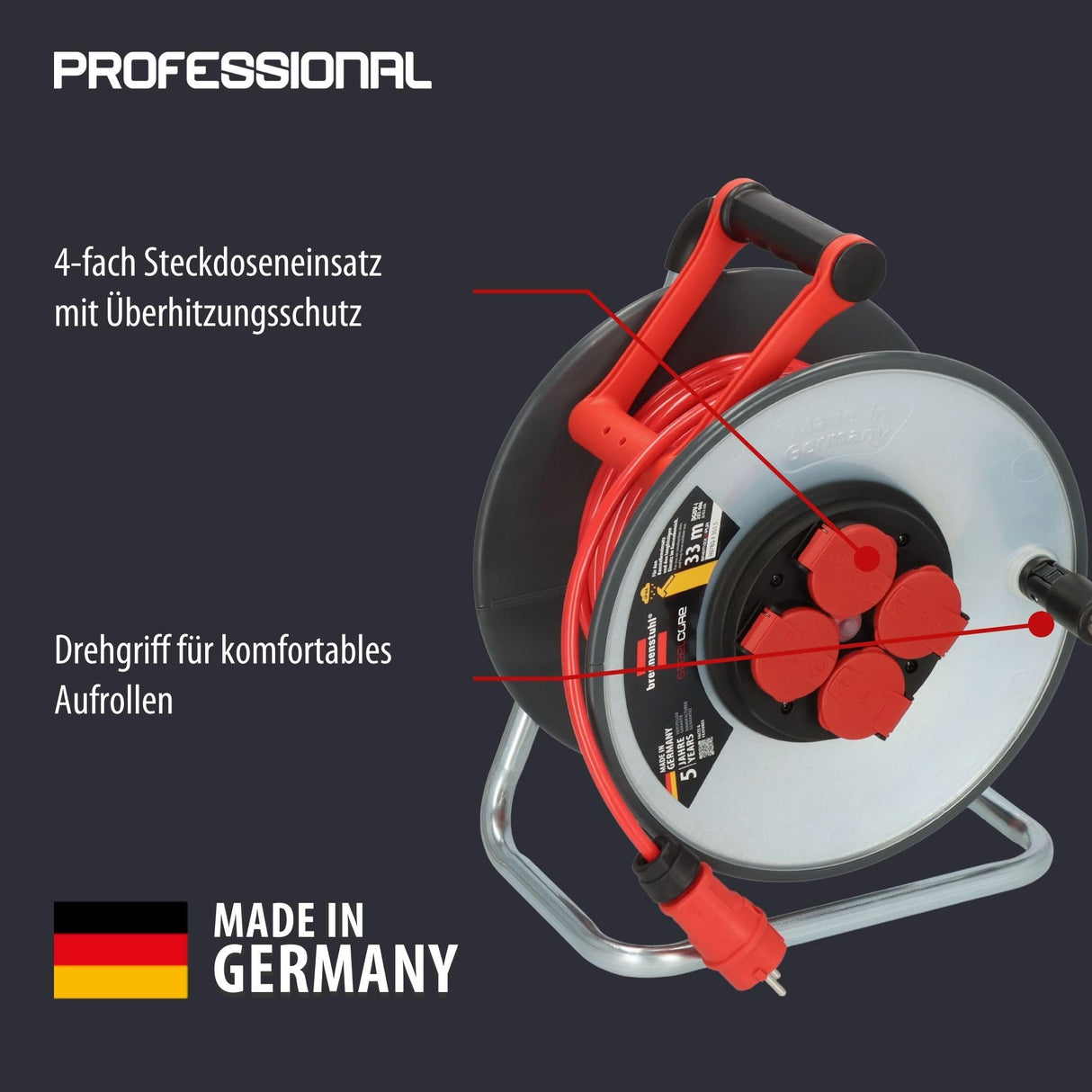 Brennenstuhl Professional SteelCore Carrete SC 3110 IP44 (33m H07BQ-F 3G1,5, Cuerpo de Carrete de Chapa de Acero, Uso en Obras de construcción y Uso en Exteriores permanentes, Fabricado en Alemania)