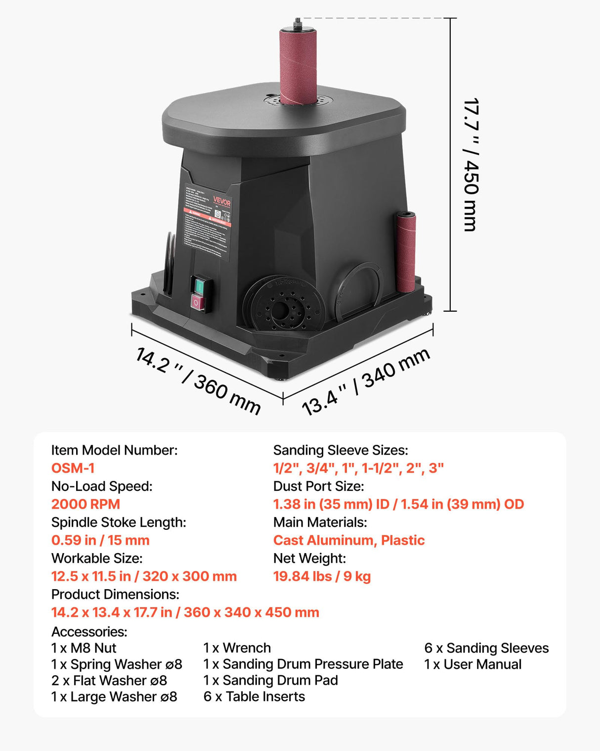 VEVOR Lijadora de Husillo Oscilante 2000 RPM, con 6 Manguitos 12,7–76,2 mm, Carrera de 15 mm y Puerto para Polvo para Acabado de Muebles, Lijado de Manualidades y Carpintería de Bricolaje, Negro
