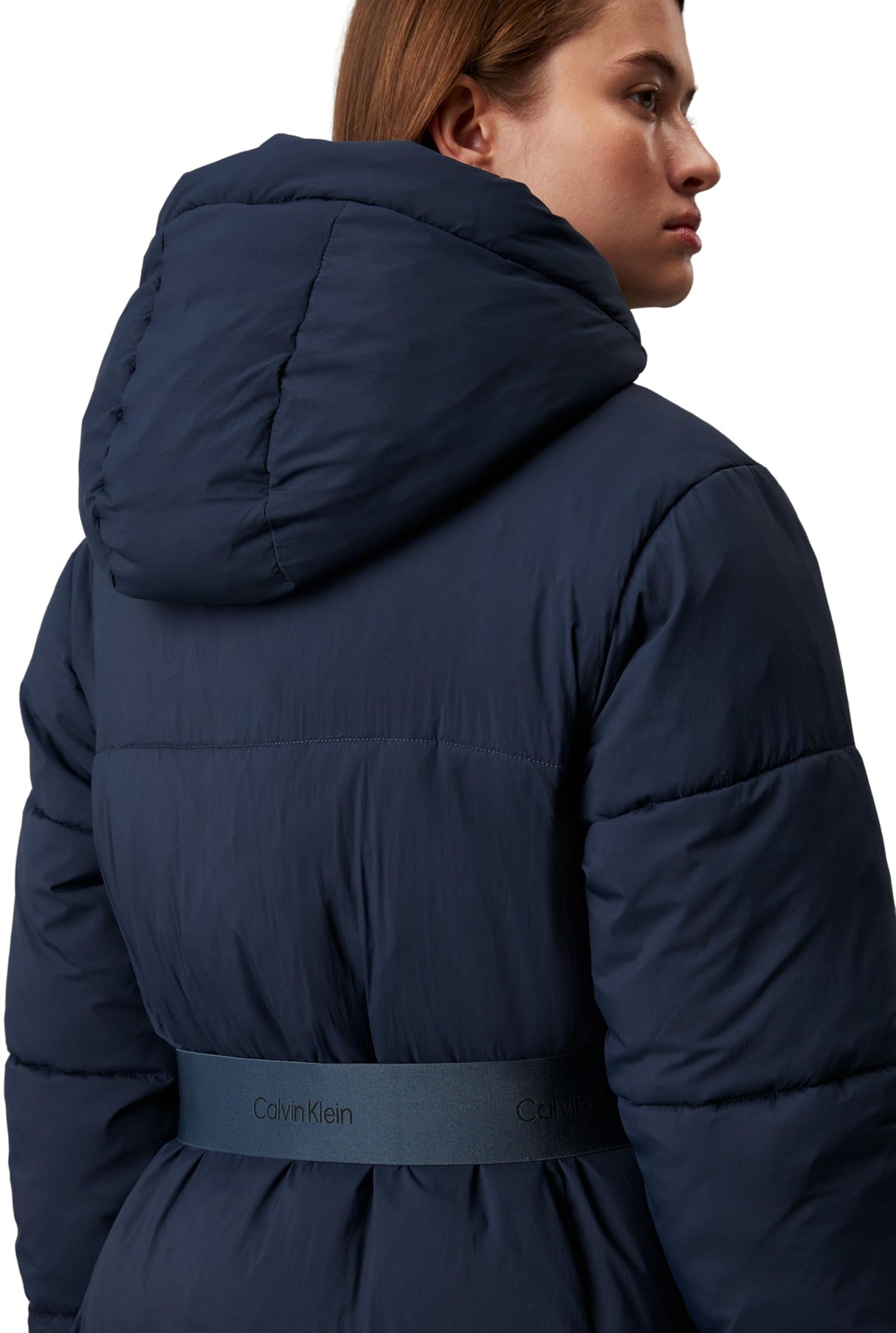 Calvin Klein Abrigo Mujer Logo Belt Long Puffer con cinturón, Azul (Ink), L