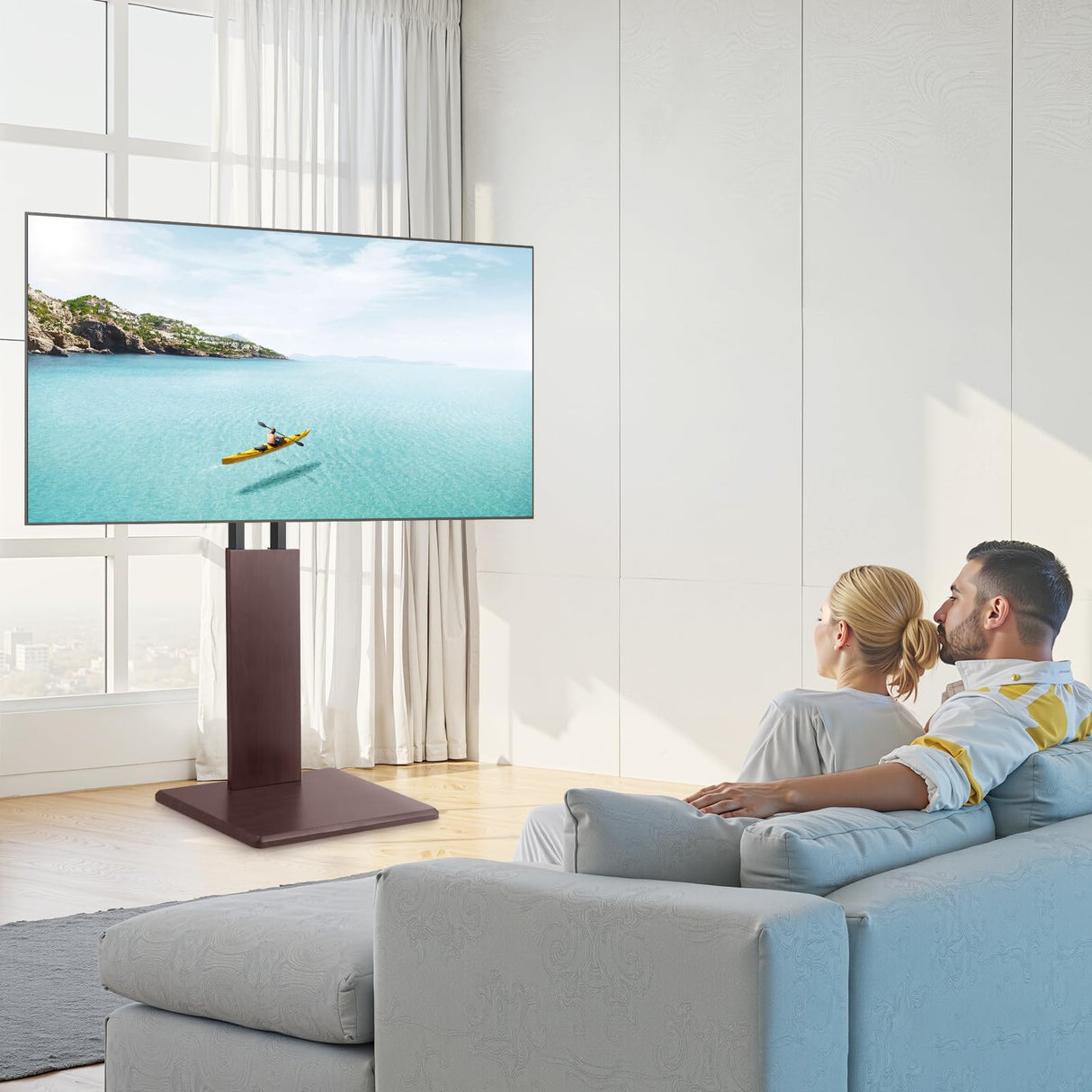 VEVOR Soporte de TV de Escritorio para Televisores de 812,8-1778 mm de hasta 45 kg, Rotación de 15° a la Izquierda y a la Derecha, Soporte de TV con Altura Ajustable y Estante para Sala de Estar