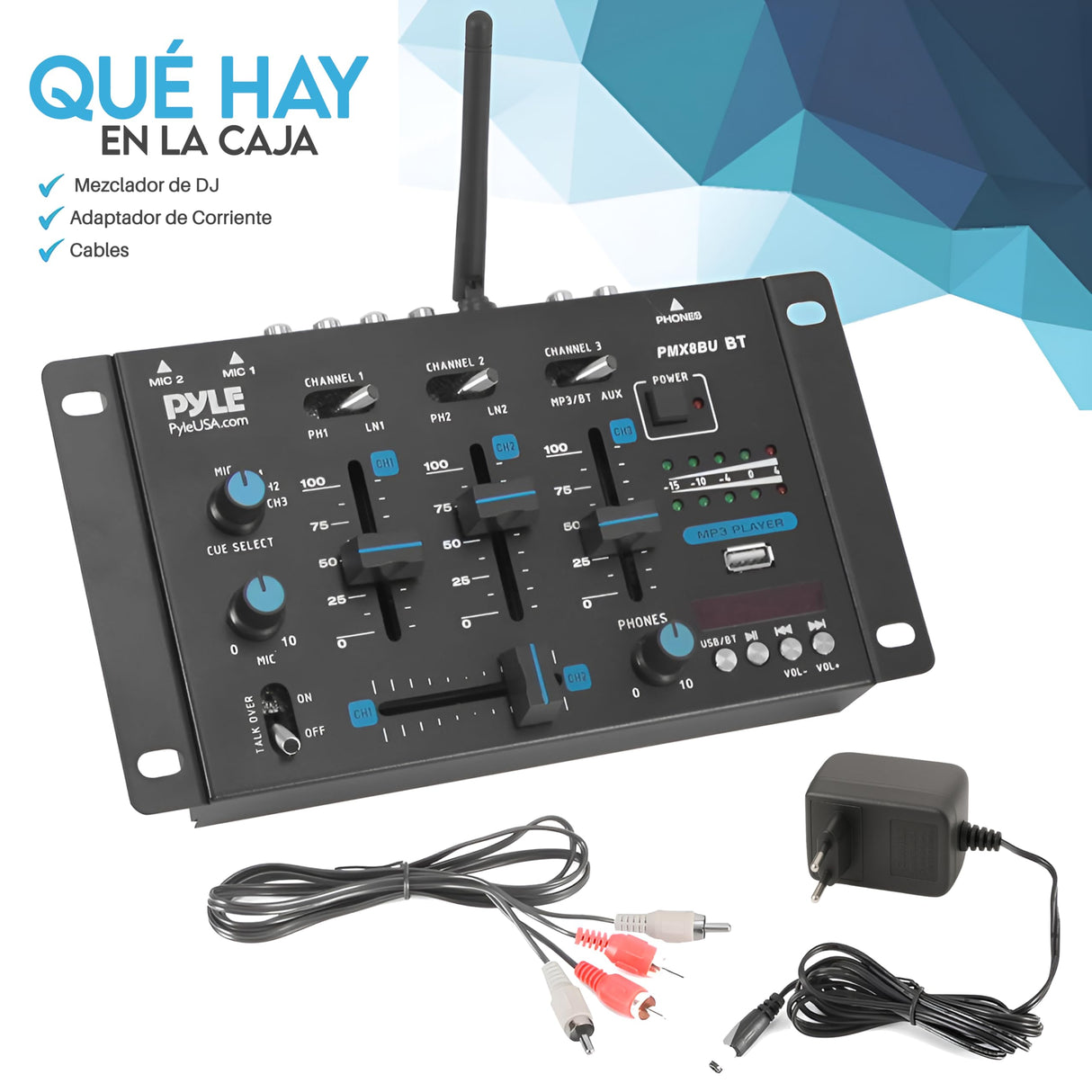 Pyle mezclador de audio para DJ, 3 canales, Bluetooth, Lector de USB, Dual RCA/Phono, Entrada de microfono, Conector para auriculares