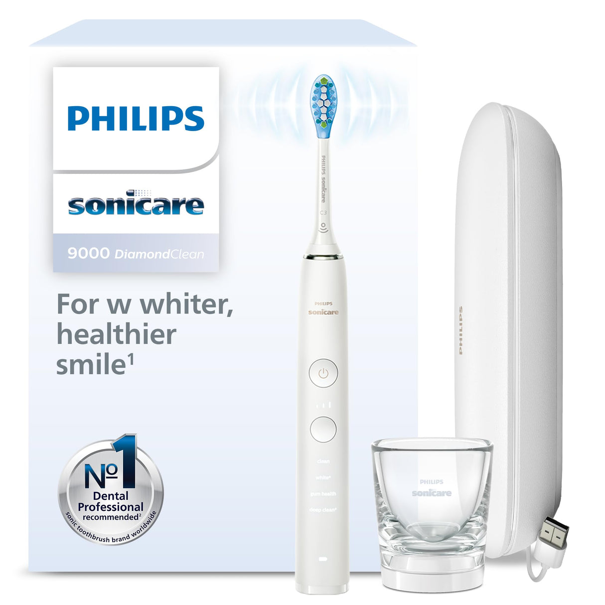 Philips Sonicare DiamondClean 9000 Cepillo Eléctrico, 4 Modos, 3 Intensidades, Estuche de Viaje USB, Blanco