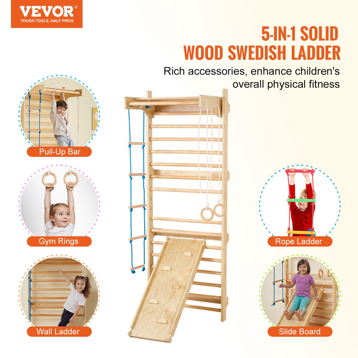 VEVOR 5 en 1 Juguetes de Escalada de Madera, Carga de 99,8 kg, Escalera Sueca de Pared con Barra de Dominadas, Anillos de Gimnasio, Escalera de Cuerda, Escalera de Pared, Tablero Deslizante