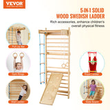 VEVOR 5 en 1 Juguetes de Escalada de Madera, Carga de 99,8 kg, Escalera Sueca de Pared con Barra de Dominadas, Anillos de Gimnasio, Escalera de Cuerda, Escalera de Pared, Tablero Deslizante