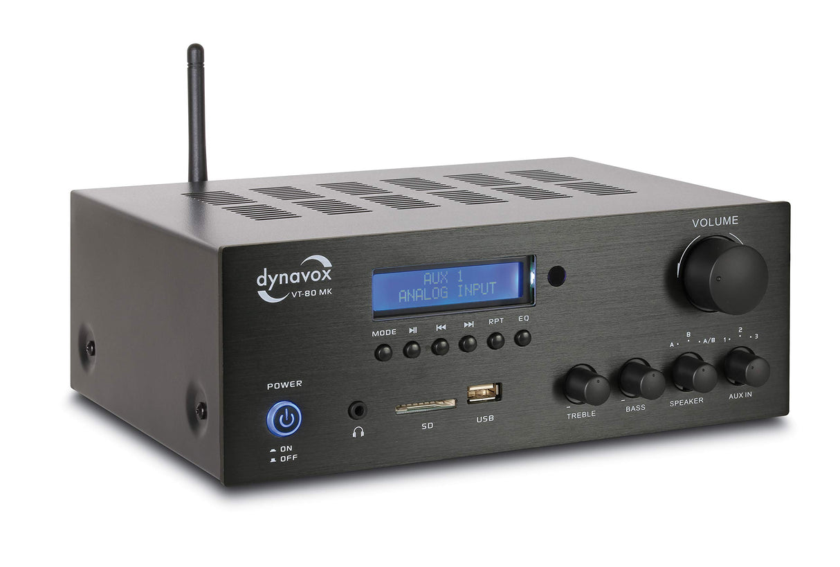 Dynavox VT-80 MK Amplificador estéreo Compacto, 4 terminales de Altavoz atornillables, Control Remoto para entradas Digitales (USB, Tarjeta SD), Antena BT integrada y Radio FM, Negro