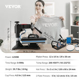 VEVOR Máquina de Prensa en Calor 5 en 1 Máquina de Impresión de Calor 29 x 38 cm Máquina de Transferencia de Calor Abatimiento de 360° Control Digital Inteligente para Camisetas, Gorras, Platos, Tazas