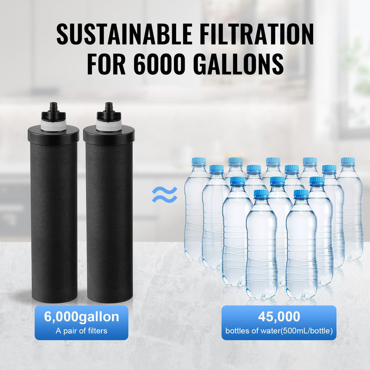VEVOR Sistema de Filtración de Agua por Gravedad 8,5 L Sistema de Encimera Acero Inoxidable Reduce Plomo y hasta 99% de Cloro con 2 Filtros de Carbón y Grifo Nivel de Agua Visible para Camping