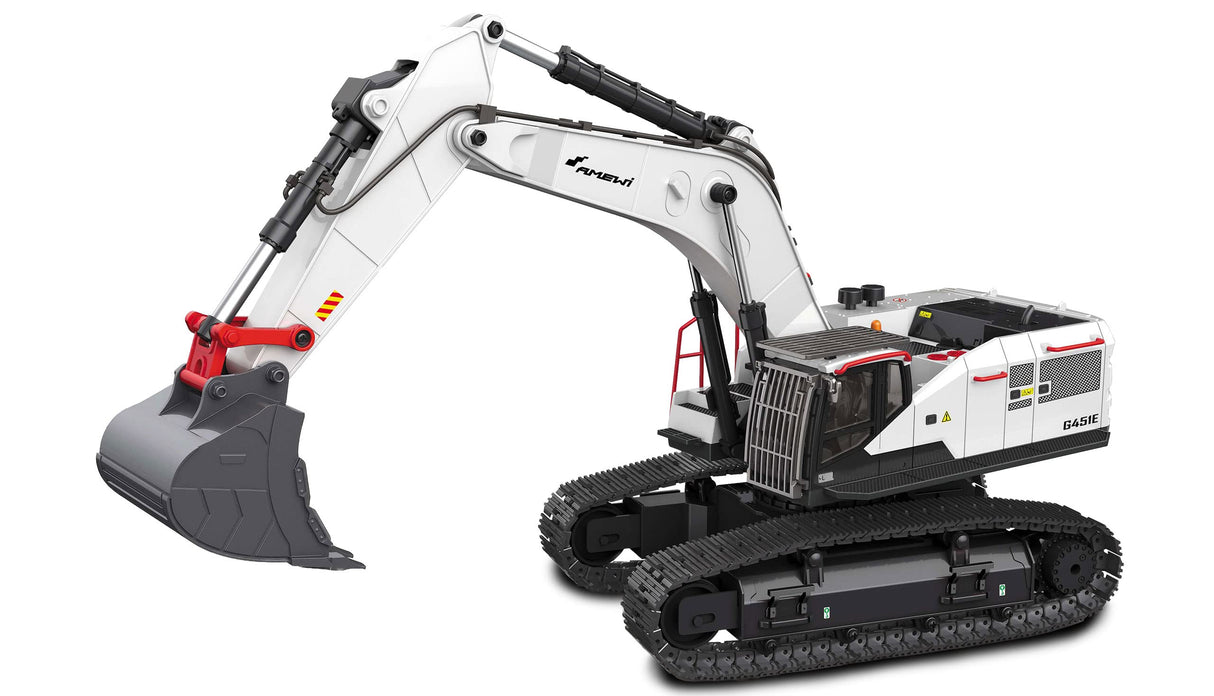 Amewi Excavadora G451E de Metal Parcial 1:14, RTR, Sonido, luz, Blanco RC Control Remoto