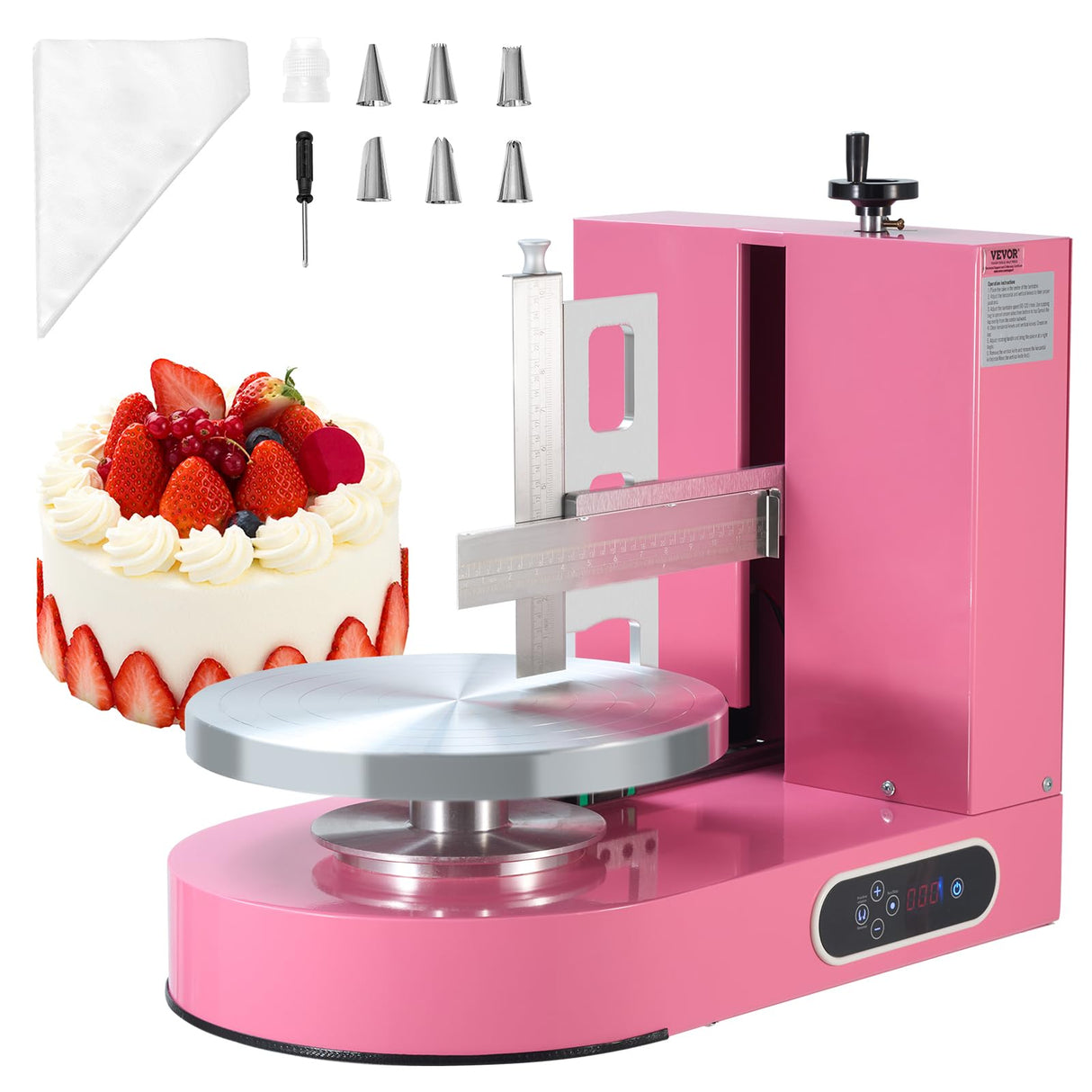 VEVOR Máquina para Decorar Pasteles, para Untar y Cubrir Crema, Bajo Ruido, Plato Giratorio con Raspador Ajustable, para Pasteles 15 y 35 cm, Velocidad de Rotación 25-320 RPM, Rosa, 600 x 370 x 550 mm