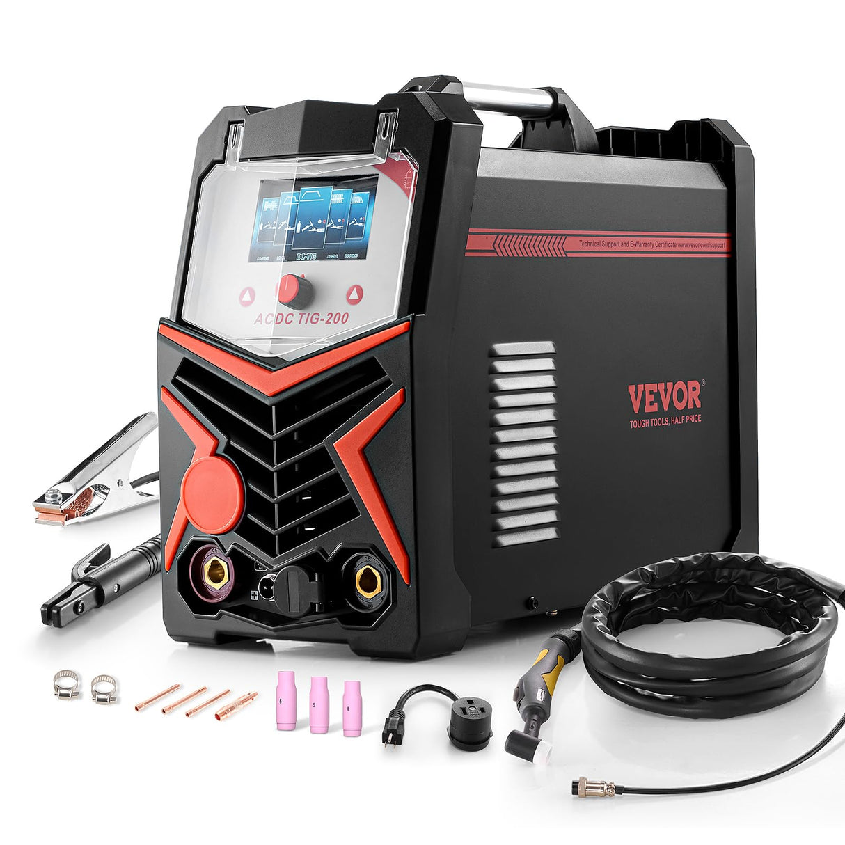 VEVOR Soldador TIG, Máquina de Soldadura Aluminio 6 en 1 de 200 A, Pantalla LED, Eléctrico Máquina de Soldadura TIG con Control Sinérgico IGBT, Ideal para Uso al Aire Libre, 430 x 210 x 360 mm
