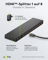 goobay Divisor HDMI 58484 1 a 8/HDMI Compatible con resoluciones de hasta 4 K a 60 Hz, 1 señal de Entrada HDMI a hasta 8 Salidas HDMI como TV, Monitor, proyector, PS5 y Xbox/Negro