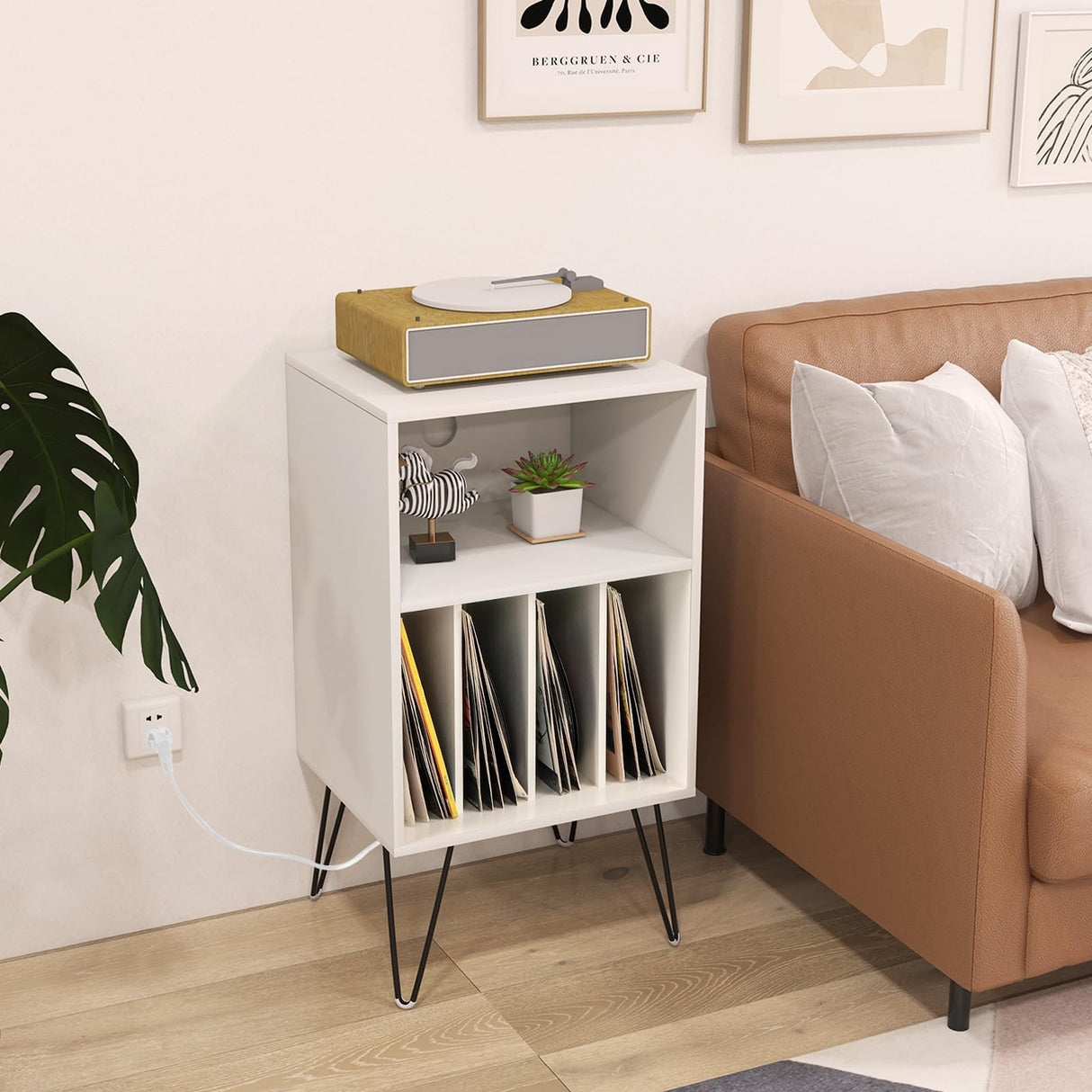 FANTASK Soporte para tocadiscos con estación de carga, soporte para discos de vinilo de 3 niveles, mesa de almacenamiento con estante y 4 separadores para salón, 48 x 40 x 88 cm