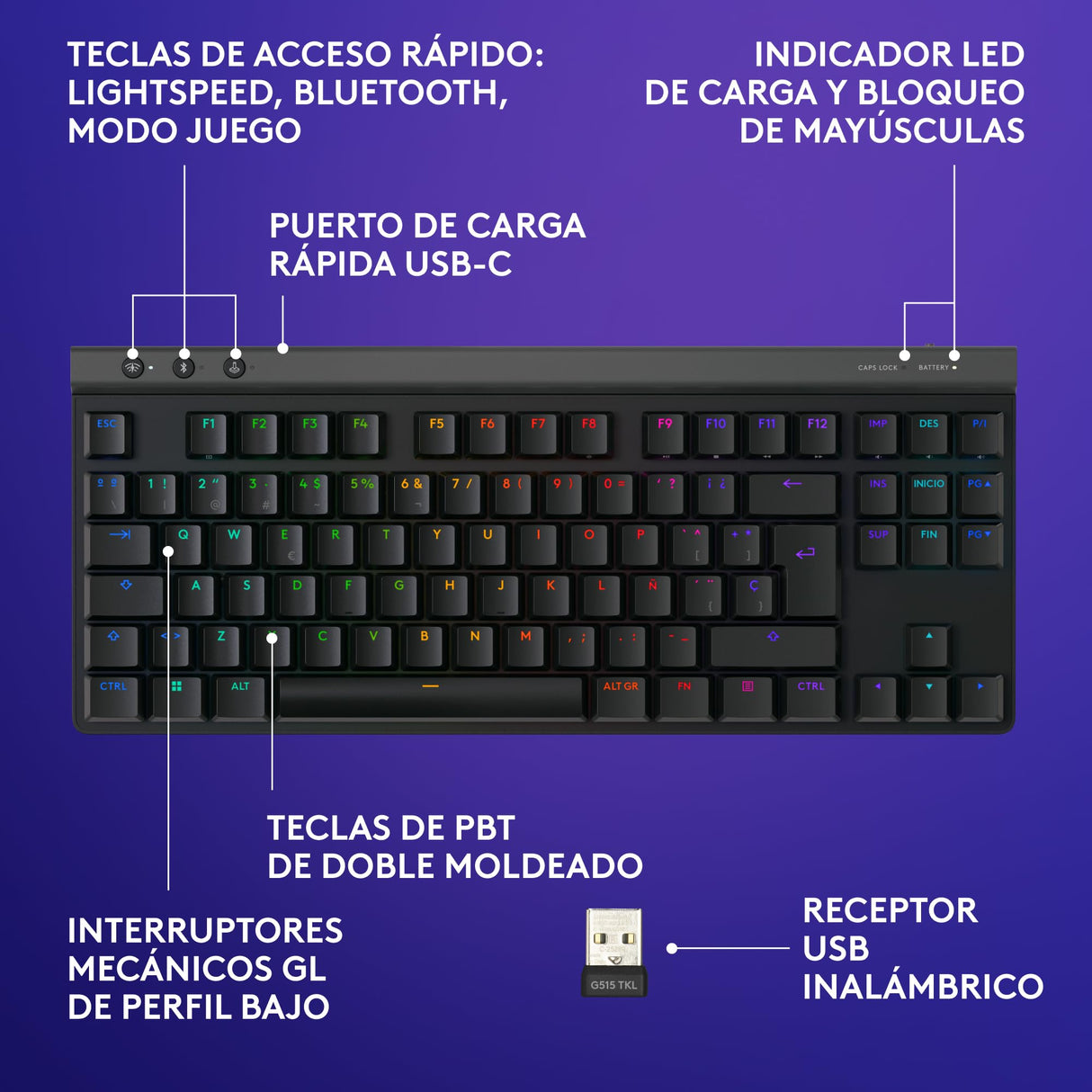 Logitech G G515 Lightspeed TKL de Perfil bajo Teclado para Gaming inalámbrico, RGB LIGHTSYNC, diseño Fino sin Teclado numérico, Teclas de PBT, interruptores mecánicos táctiles, QWERTY Español - Negro