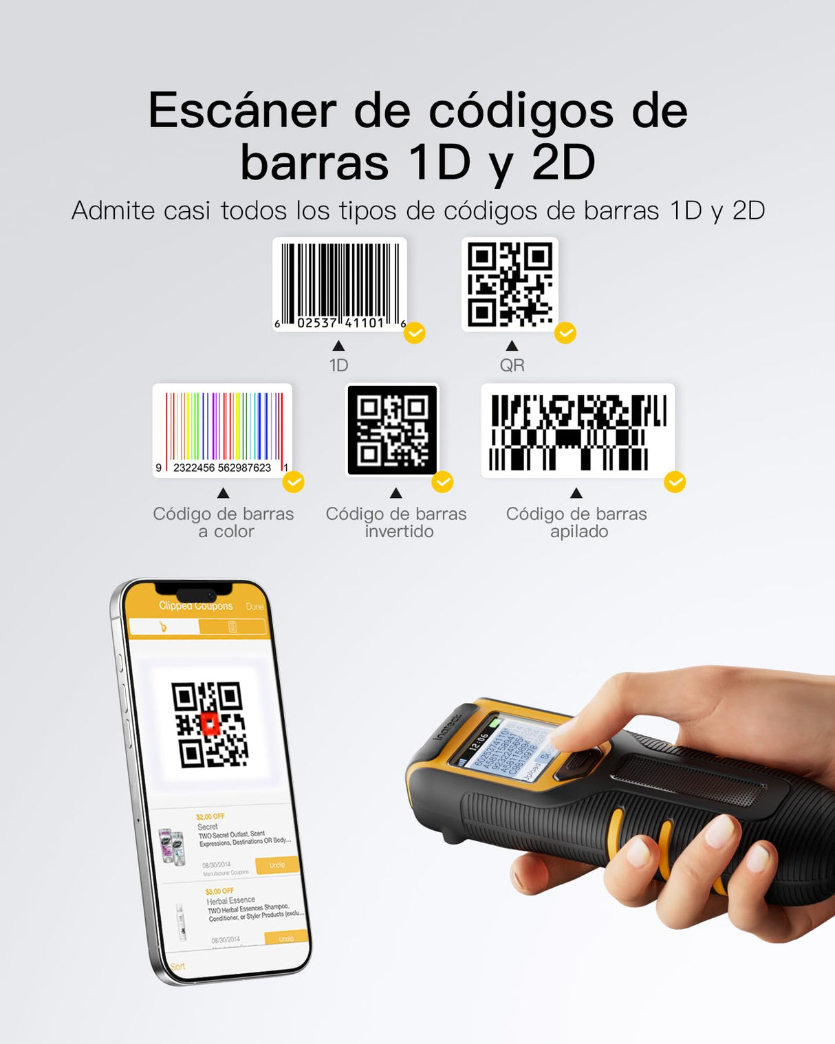 Inateck Escáner de Códigos de Barras Bluetooth, Escáner QR Code 1D 2D Kabellos 2.4GHz, Escáner de Códigos de Barras Portátil Inalámbrico con Pantalla, Escáner Manual con App y SDK, BCST-47