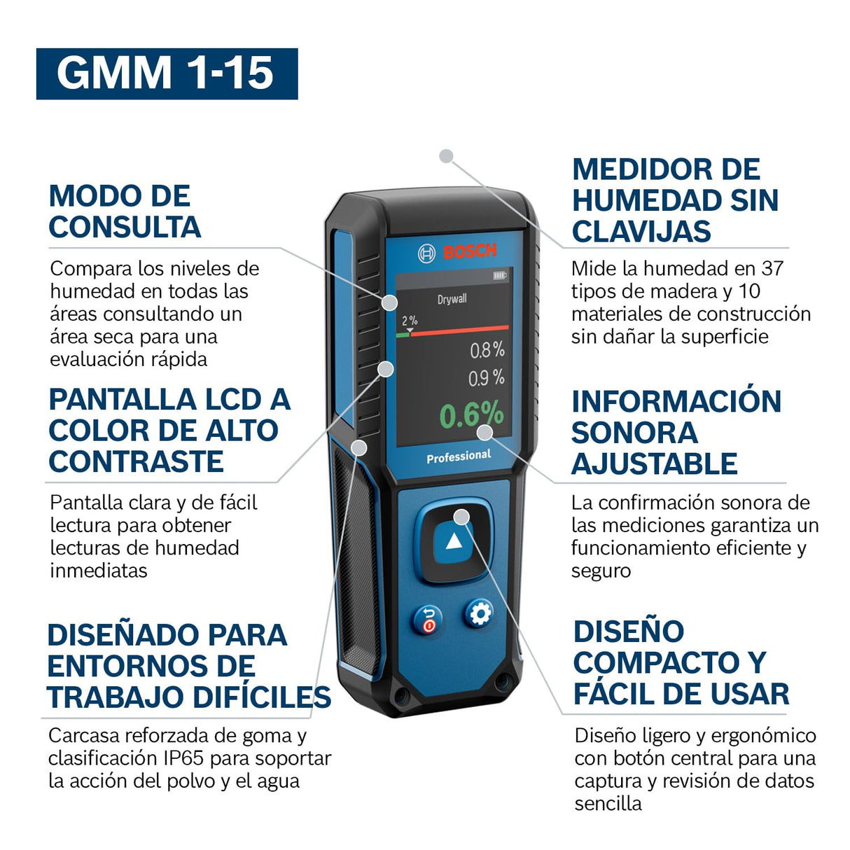Medidor de humedad GMM 1-15 de Bosch Professional sin clavijas (no invasivo, mide 37 tipos de madera y 10 materiales de construcción, clasificación IP65, 2 pilas AA, bolsa)