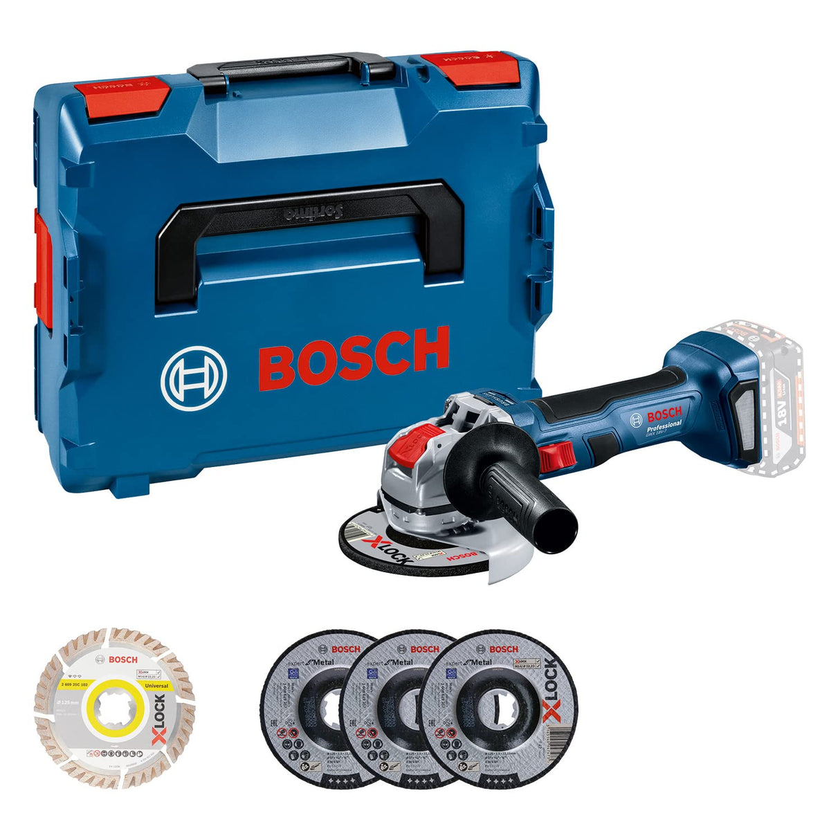 Bosch Professional 18V System GWX 18V-7 - Amoladora angular a batería (X-LOCK, Ø 125 mm, set 5 discos, en L-BOXX) - Amazon Exclusive