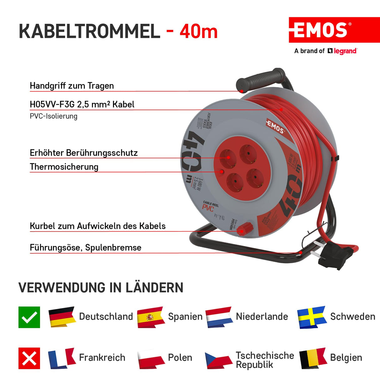 EMOS - Carrete de Cable de 40m con Cable alargador Reforzado - 4 enchufes Schuko - 230 V, 16 A, 3680 W - Aislamiento PVC - H05VV-F3G 2,5 mm2 - Protección contra sobrecalentamiento - IP20 para