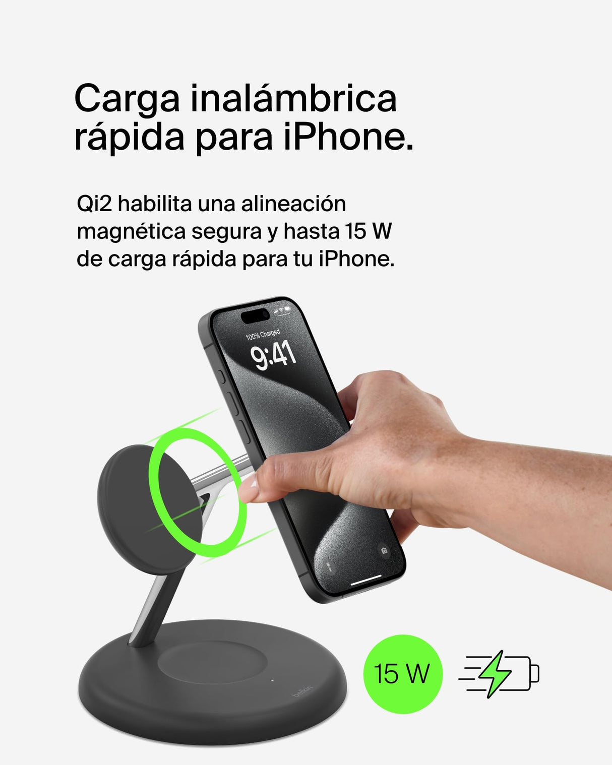 Belkin Soporte de Carga inalámbrica 3 en 1 con MagSafe, Cargador magnético Qi2 de 15 W, Carga rápida para iPhone 16, 15, 14 y 13, AirPods, Apple Watch y Otros (Fuente de alimentación incluida), Negro