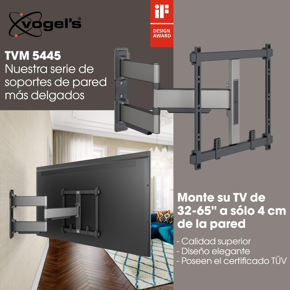 Vogel's Elite TVM 5445 Soporte TV Giratorio y Ultrafino para TV de 32 a 65 Pulgadas, Peso máx. de 35 kg, Gira hasta 180°, Soporte de TV Full-Motion, Máx. VESA 400x400, Compatibilidad Universal