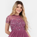 Maya Deluxe Women's Midi Dress Ladies Round Neck Sheer Short Sleeves Sequin Embellished Tulle Ruffle A-Line Wedding Guest Occasion, Rose, 56
