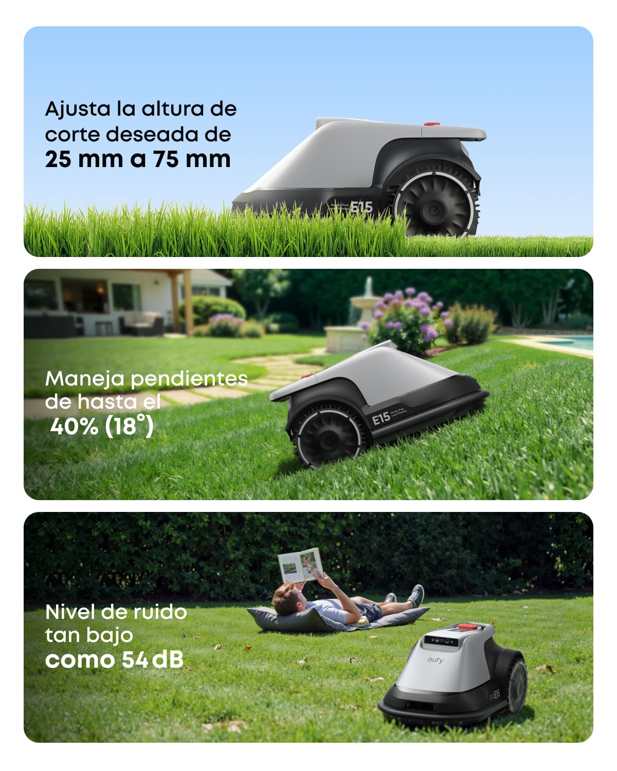 eufy E15 Cortacésped Robótico sin Cable Perimetral,Sin Señal Perdida, Sin RTK,TrueVision, Navegación Inteligente, Jardín hasta 800 m², Corte Preciso Bordes, Evita Obstáculos, Control por App