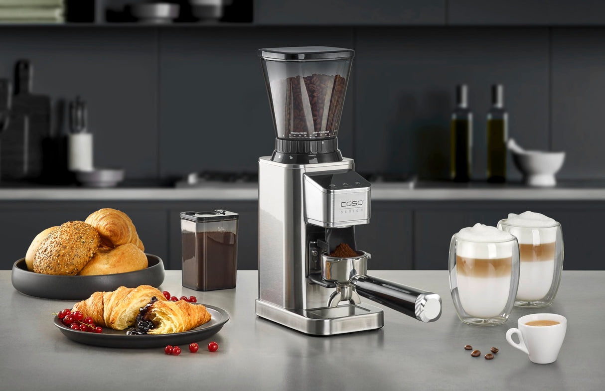 CASO BaristaChef Inox - Molinillo de café eléctrico con muelas cónicas, pantalla táctil, temporizador digital y sobresaliente, capacidad de 250g, 48 niveles de molienda precisos - acero inoxidable
