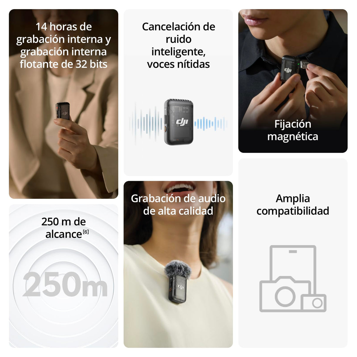 DJI Mic 2 (1 TX+1 RX), micrófono inalámbrico con cancelación de Ruido Inteligente, grabación Interna Flotante de 32 bits, Sonido optimizado, 250m de Alcance, micrófono para iPhone y Android