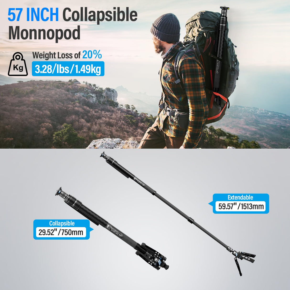 SIRUI Monopié para Cámara SVM-145, Monopié de Fotografía de Carbono de 145cm con Pies, Ajuste Rápido de Altura en un Solo Paso, Monopié de Viaje para DSLR, Carga Máxima 22 Libras