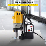 RICHRICH Taladro magnético 1100 W, diámetro de aleta de 1-1/2 pulgadas (40 mm), taladro de columna magnética MD40, 12000 N, 670 rpm, con 6 fresas anulares HSS, sistema de perforación, construcción
