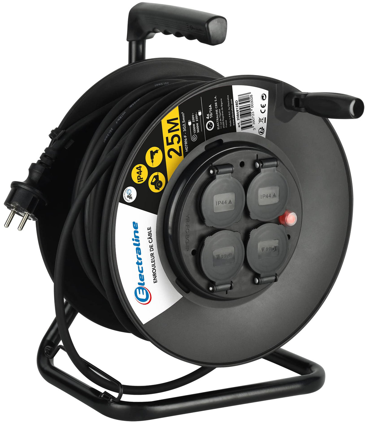 Electraline 20868128D - Prolongador eléctrico (IP44 profesional (25 m, con enrollamiento), color negro