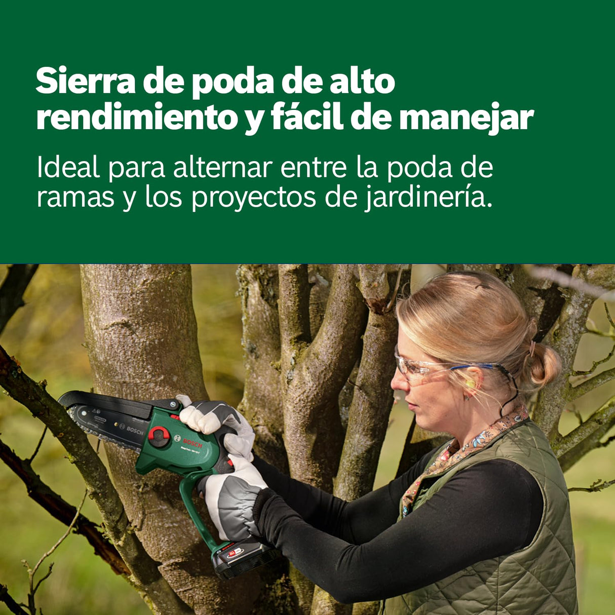 Bosch Mini Motosierra a Batería EasyChain 18V-15-7 (Para cortar madera; sistema de 18 voltios; velocidad de la cadena: 6,95 m/s; con batería de 2,5 Ah y cargador)