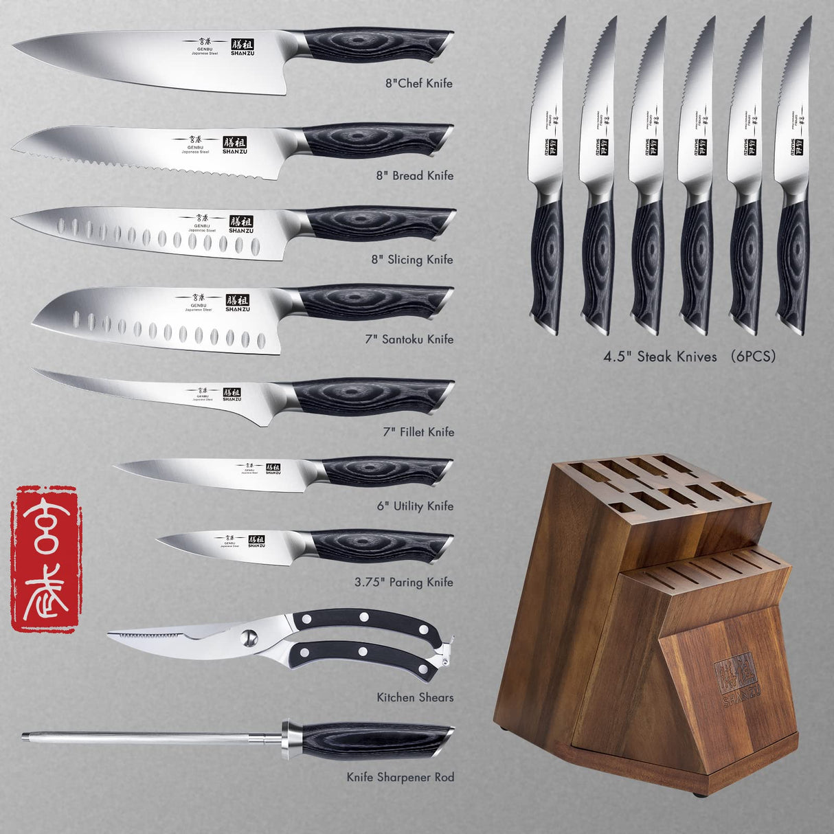 SHAN ZU Juegos de Cuchillos con Bloque, Juego de Bloque de Cuchillos, Juegos de Cuchillos de Cocina Japoneses de Súper Acero con Bloque Extraíble y Mango Ergonómico K133, Serie Genbu de Tortuga Negra