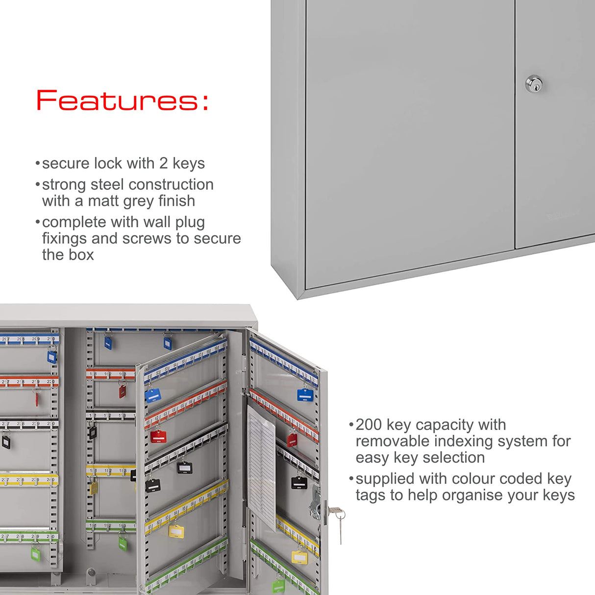 Burg-Wachter KC200HL Sterling Gabinetes de llaves de doble puerta resistentes, gris, 200 ganchos para llaves