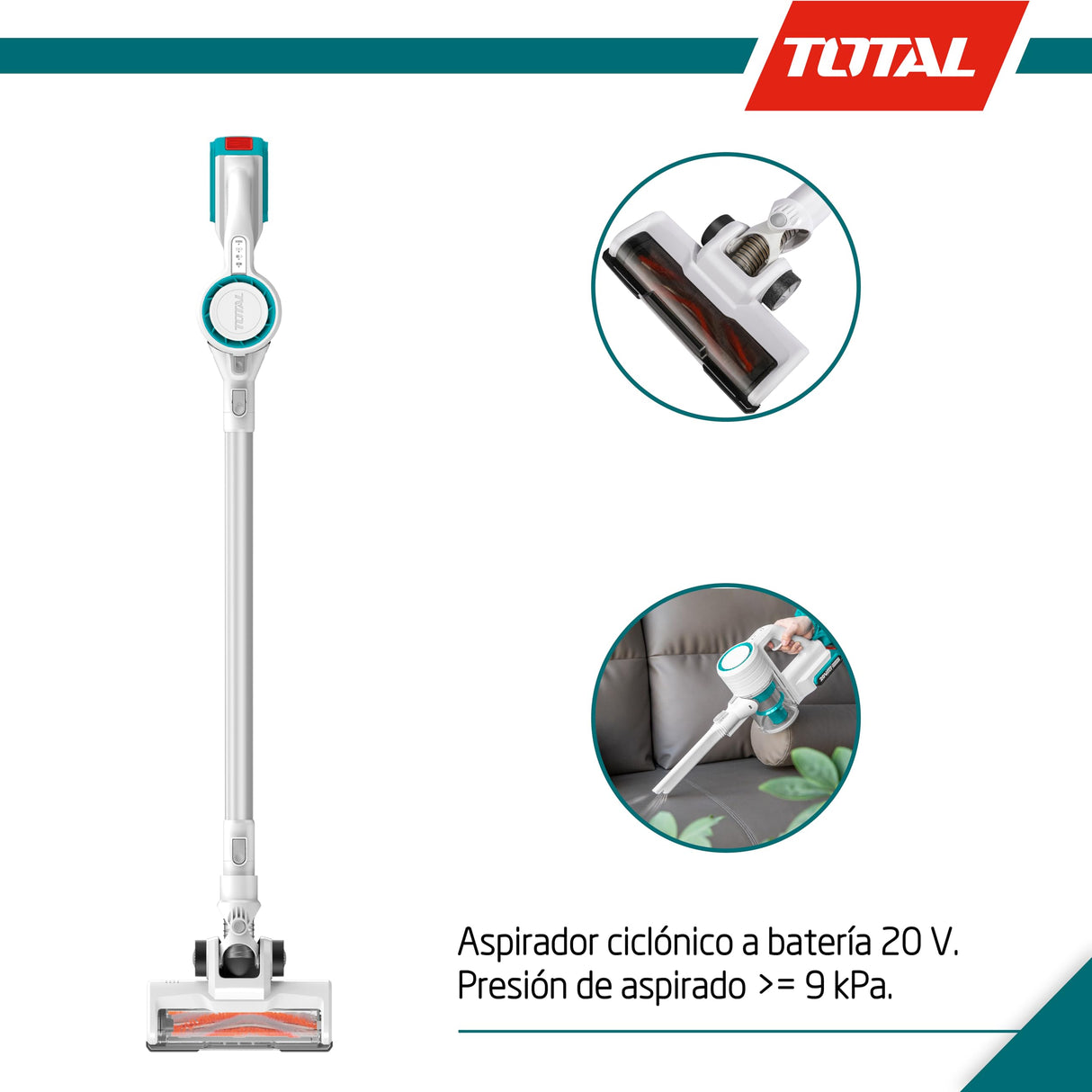 TOTAL - Aspirador Inalámbrico a Batería P20S de 20 V | Aspiradora Tipo Escoba| Depósito de 800 ml | Aspiradora Ciclónica y Vertical sin Bolsa | Filtro HEPA | Incluye 1 Batería de 2 Ah y Cargador