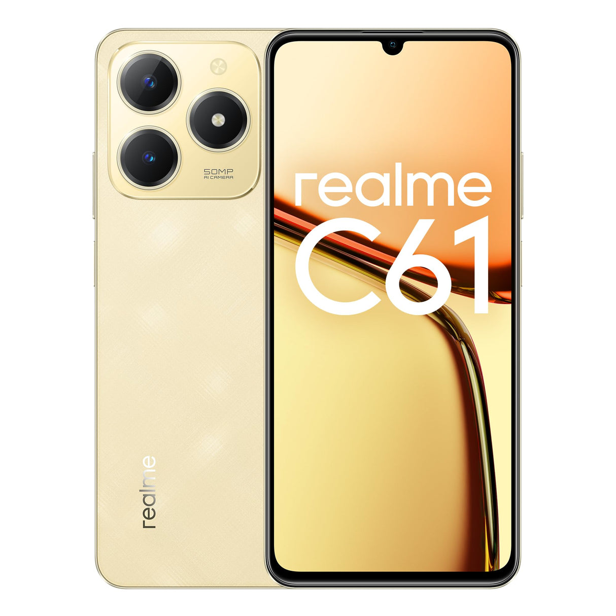realme C61 Teléfono Móvil 4G, 6 + 128GB, Gran batería de 5000 mAh, Potente procesador de Ocho núcleos, Diseño Ultrafino de 7,74 mm, Cámara de 50 MP con IA, Oro, Sin Adaptador