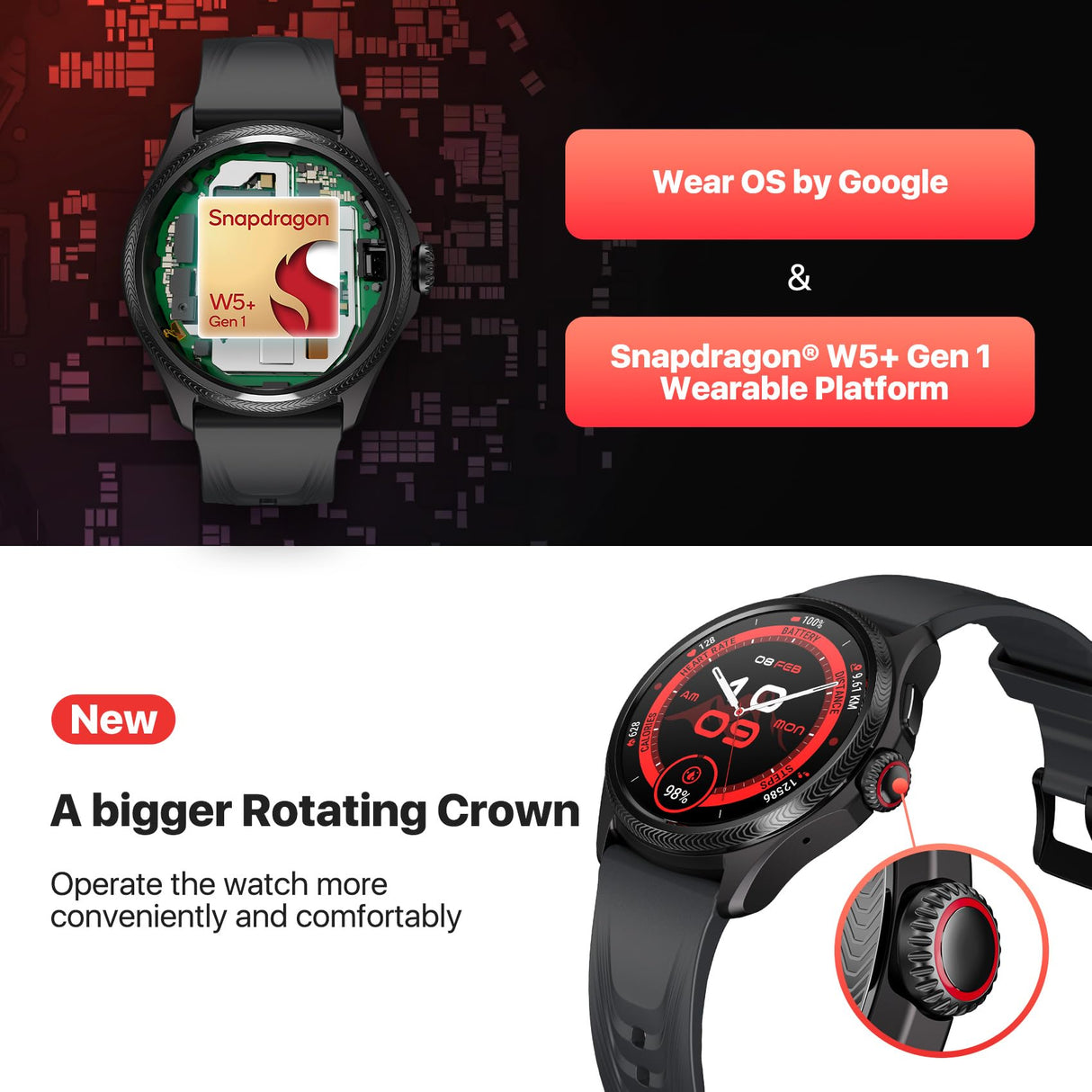 Ticwatch Pro 5 Enduro Black Smartwatch para Hombres 1.43 "Android Wear OS Reloj Inteligente 90 Horas de batería 110+ Modos de Entrenamiento 7/24 Ritmo cardíaco No es Compatible con iPhone/iOS