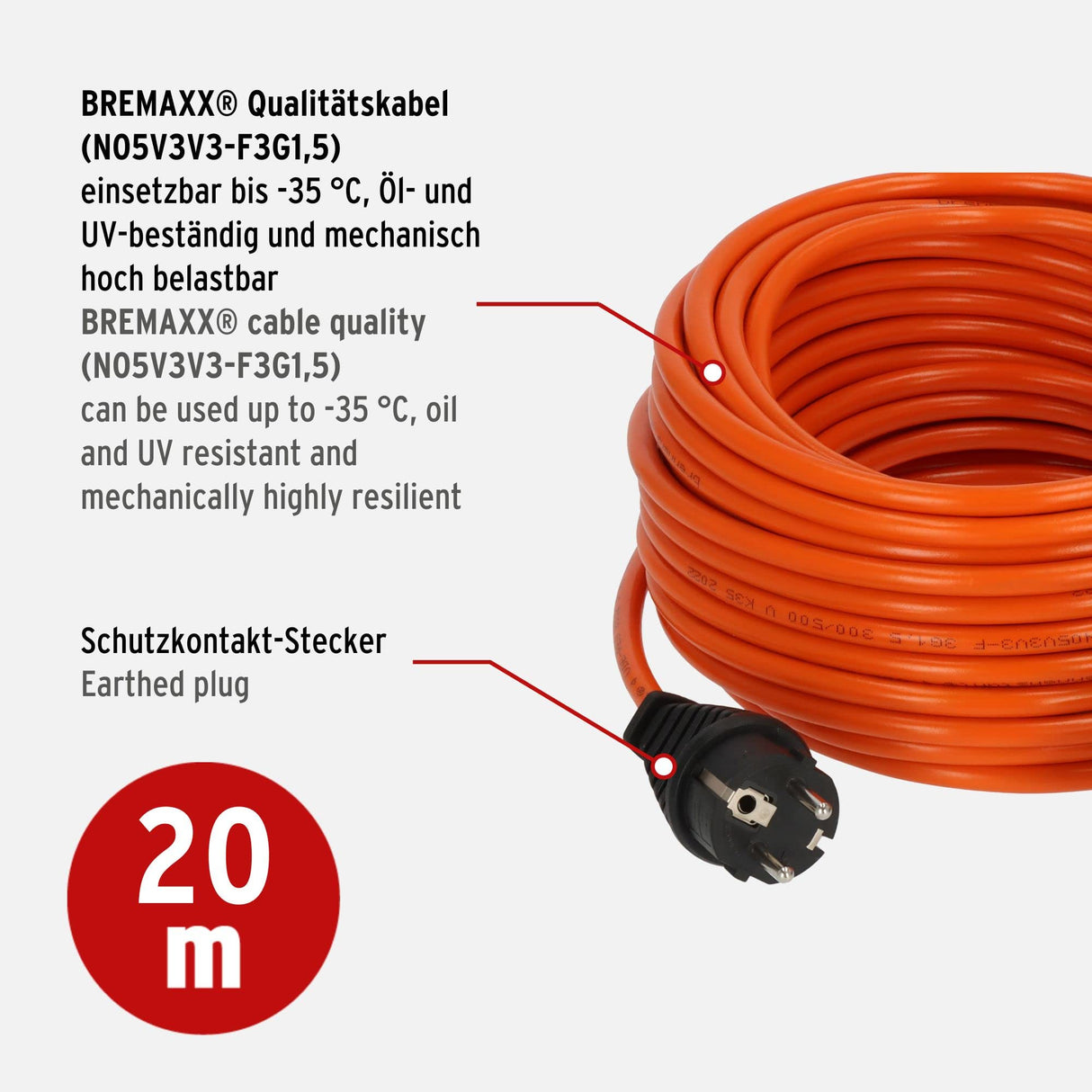 Brennenstuhl Cable de extensión BREMAXX (Cable de 20 m en Naranja, para Uso en Exteriores de Corta duración IP44, Cable de alimentación utilizable hasta -35 °C, Resistente al Aceite y a los Rayos UV,