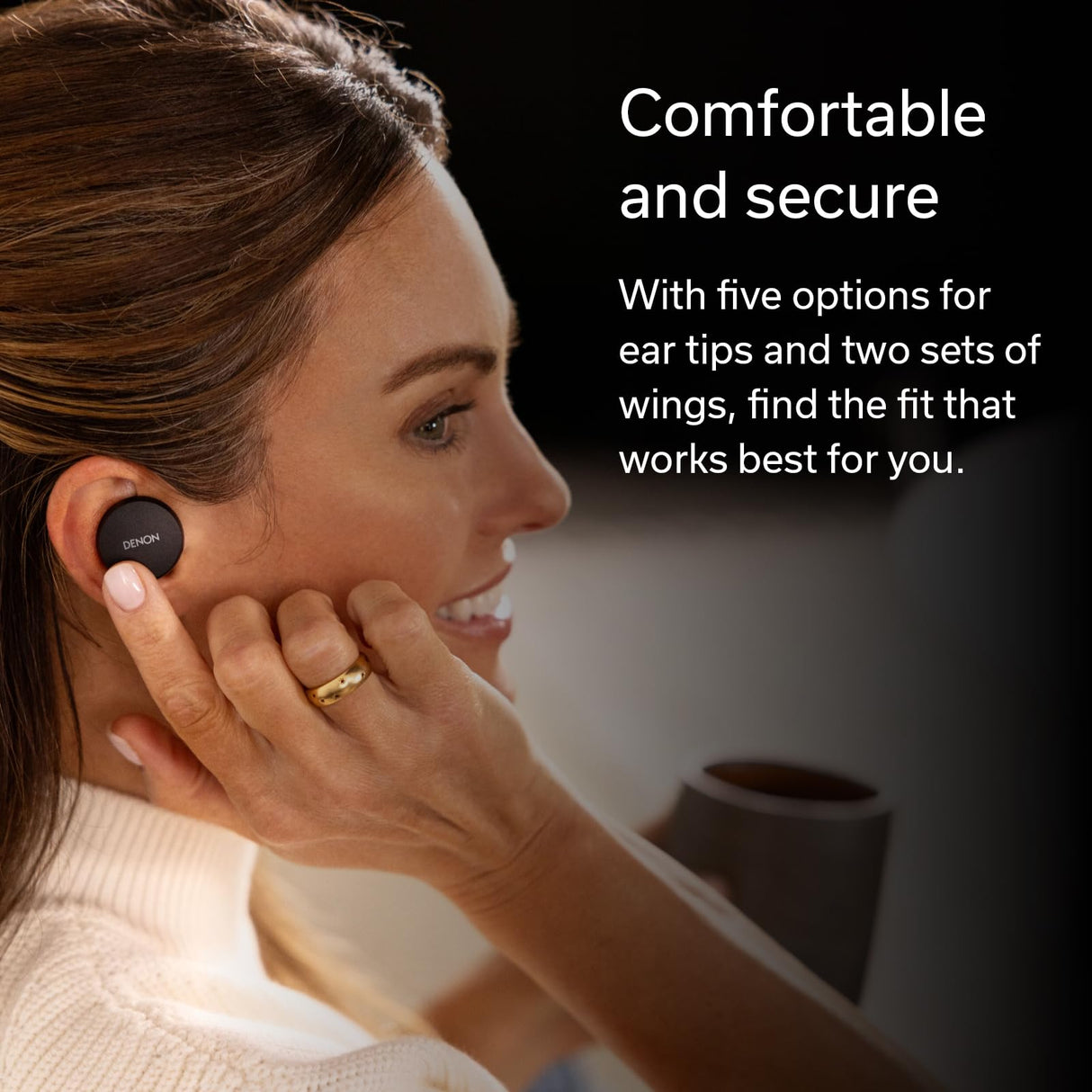 DENON PerL True Wireless Earbuds, Perfil de Sonido Personalizado, Auriculares con cancelación de Ruido, Auriculares Resistentes al Agua, con micrófonos Integrados y batería de Larga duración