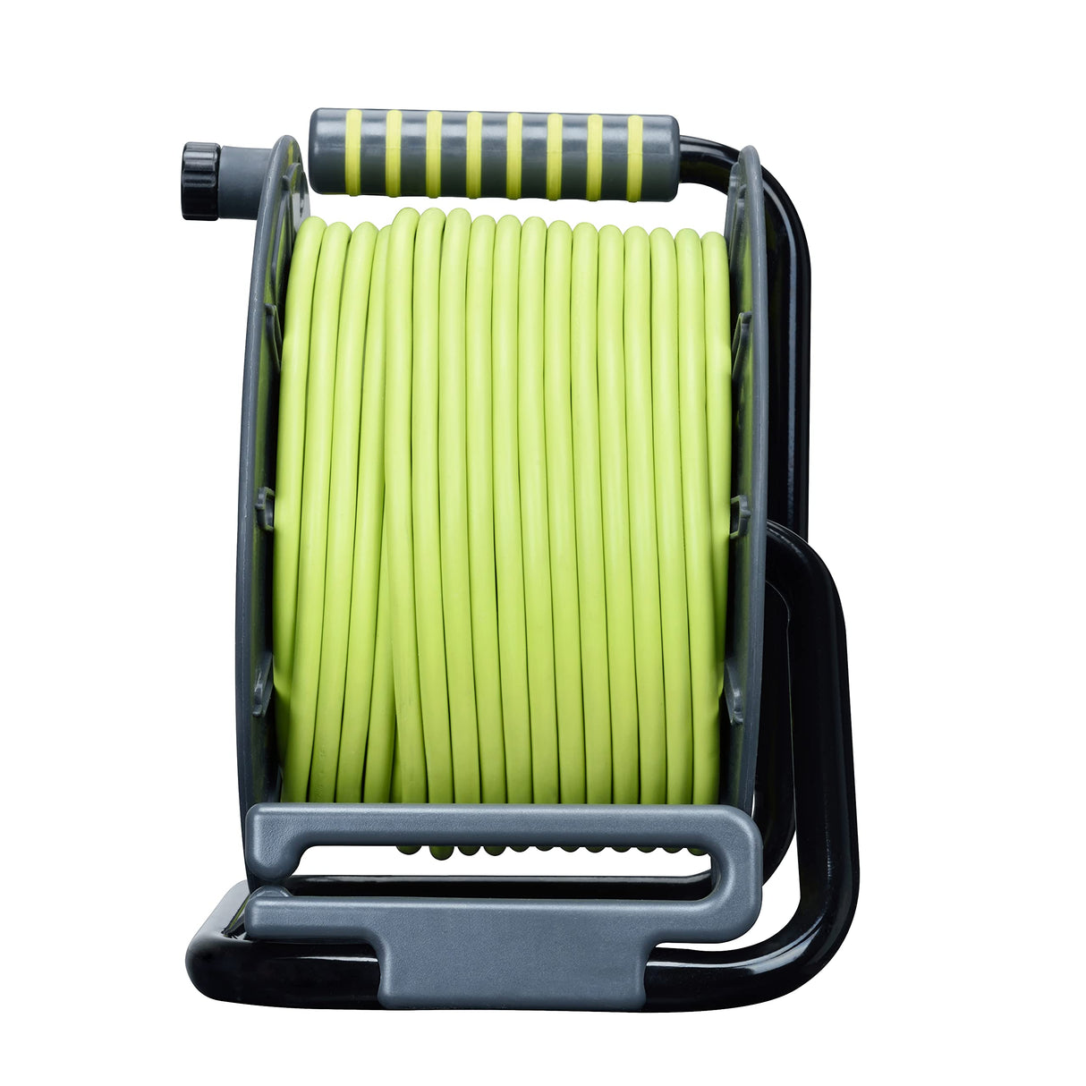 Masterplug Pro-XT Enrollacables de carrete de cable abierto de cuatro tomas con asa de bobinado, interruptor térmico e interruptor de alimentación, cable de alta visibilidad de 50 metros