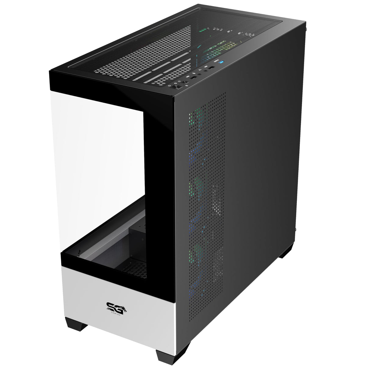 SaharaGaming SG520 con 3 Ventiladores ARGB de Espejo Blanco de 12 cm y Mini Ventilador PWM con Carcasa templada para Juegos con USB 3.0 y USB 2.0, soporta AIO de hasta 360 mm, Fuente de alimentación
