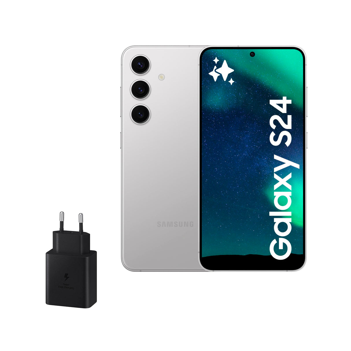 Samsung Galaxy S24 y Cargador 45W, Teléfono Móvil con IA, Smartphone Android, 8 GB RAM, 128 GB Almacenamiento, Cámara 50MP, Batería Larga Duración, Gris Marble (Versión Española)