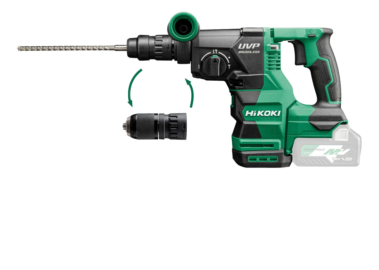 HIKOKI DH3628DC - Martillo perforador y cincelador con batería (36 V, velocidad de ralentí 4300 min-1, energía de impacto: 3,2 J, sin escobillas, sin batería, cargador ni maletín de transporte)